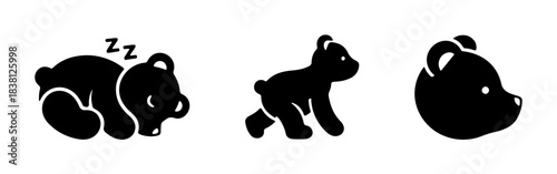 A series of black teddy bear silhouettes depicting various body positions, including sleeping and walking.