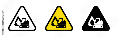 A set of warning signs with an excavator icon, in various colors and styles, indicating construction or heavy machinery.