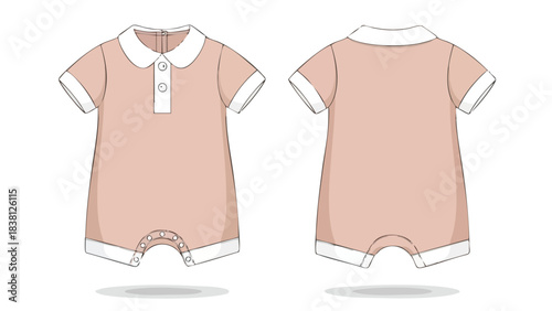Baby romper sketch showcasing front and back design with collar and button details in a pastel color scheme illustrating children's fashion