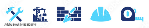 A set of construction-related icons, including a hard hat, crane, tools, bricks, and a tape measure.