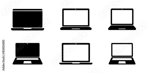 A set of laptop computer icons in black silhouette, showing various angles.