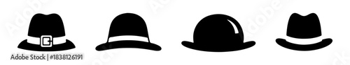 A set of pilgrim hat icons in black silhouette, including a buckle and brimmed styles.