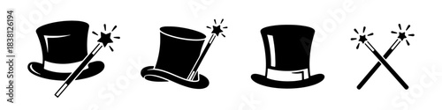 A set of magic hat and magic wand icons in black silhouette, representing magical themes.