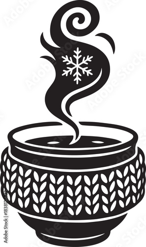 
Cozy Winter Hot Drink with Snowflake Steam in Knitted Cup