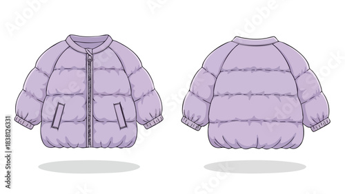 Lilac Puffer Jacket Illustration Front and Back View, Winter Outerwear Design, Apparel Fashion Concept, Cozy Style, Vector Drawing