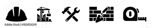 A set of construction-related icons in black silhouette, including a hard hat, crane, tools, bricks, and a tape measure.