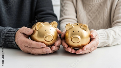 A senior couple's hands holding two golden piggy banks, symbolizing joint retirement savings, financial planning, and future security
