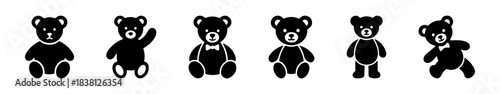 A collection of black teddy bear silhouettes in various poses, suitable for children's designs and toy-related themes.