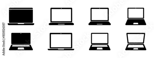 A set of laptop computer icons in black silhouette, showing various angles.