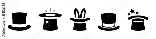 A set of magic hat icons, some with a magic effect or rabbit ears appearing from within.