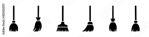 A set of broom icons in black silhouette, showing various shapes and styles of brooms.