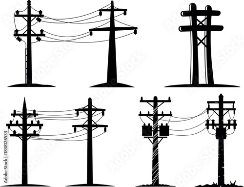 Flavector, utility pole silhouettes, crossarm and insulator designs, power line configurations, electrical infrastructure diversity, distribution systems