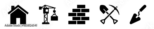 A set of construction-related icons in black silhouette, including a house, crane, bricks, shovel, and trowel.
