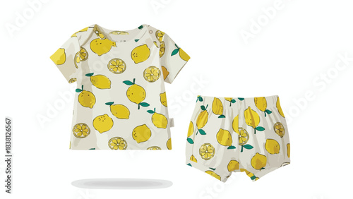 Adorable lemon-themed baby clothing set featuring a patterned t-shirt and coordinating shorts on a white backdrop