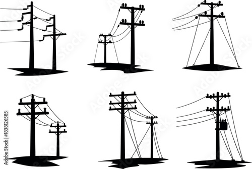 Flavector, utility pole silhouettes, electrical components, power line configurations, transformer setups, grid layout, infrastructure diversity