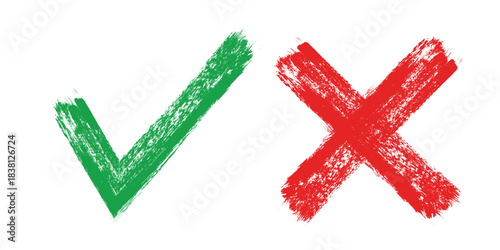 Consent sign and prohibition sign, checkmark, cross drawn with brush strokes, crosses x and ticks OK, set vector illustration isolated on white background. Handmade symbol, for social networks and