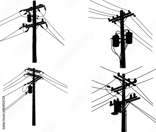 Flavector, utility pole silhouettes, transformer configurations, insulator setups, power line diversity, electrical grid design, infrastructure variation