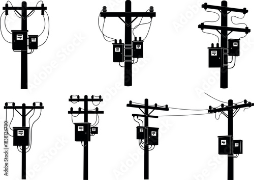 Flavector, utility pole silhouettes, transformer setups, insulator configurations, power line diversity, electrical grid design, infrastructure elements