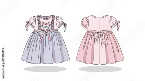 Delicate Children's Dress Design with Lace-Up Bodice and Bow Accents Rendered in Pastel Hues Showcasing Front and Back Views