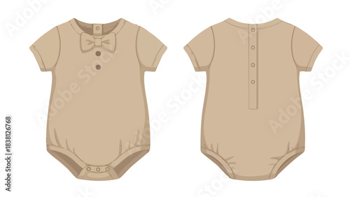 Charming baby onesie with bow tie and buttons showcasing front and back design for infant apparel illustration
