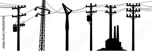 Flavector, utility pole silhouettes, transmission tower, power plant, electrical grid diversity, infrastructure design, energy distribution system