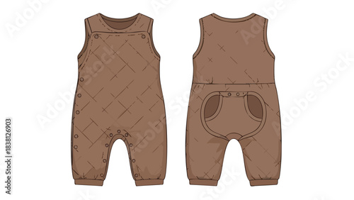 Brown baby romper technical drawing with crisscross pattern design featuring convenient pockets for essentials and easy snap closures