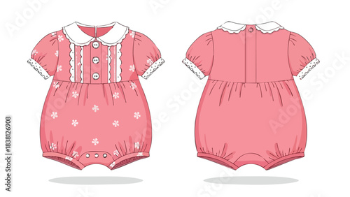 Delicate floral romper design exhibiting front and back views, portraying a cute and classic infant garment with soft pink hues and charming details
