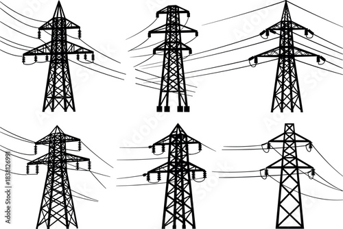 High voltage transmission tower silhouette set with detailed power lines for vector energy illustration design - flavector