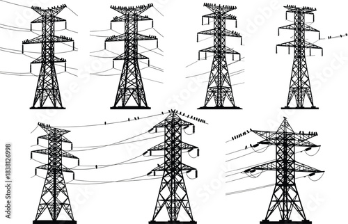 High voltage transmission towers with crossarms, insulators, power lines, electricity pylons infrastructure flat vector illustration