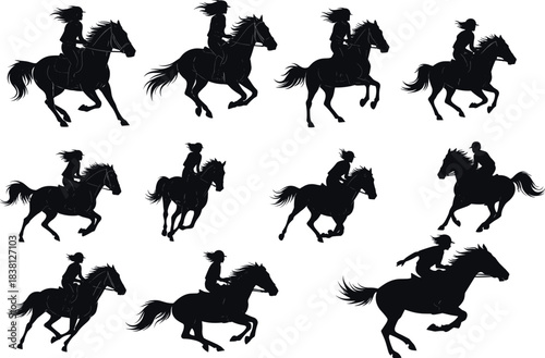 Horse riding silhouettes set, dynamic equestrian action poses, galloping rider vector illustration collection – flavector
