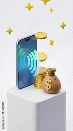 A dynamic digital scene showcases a sleek smartphone at the heart of financial transactions, complemented by gold coins, a moneybag and stars.