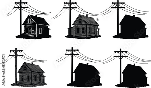 House with telephone pole, power line connection, suburban home silhouette, utility infrastructure illustration, flat vector