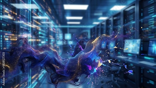 Dynamic abstract data flow illustration with vibrant liquid splash in a server room, showcasing modern technology and connectivity.