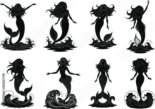 Mermaid silhouettes with flowing hair and tails, mythical sea maidens interacting with waves, fantasy illustration, flat vector