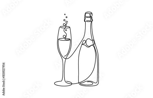 Wine glass and wine bottle continuous one line drawing. One line Icon drawing with transparent background