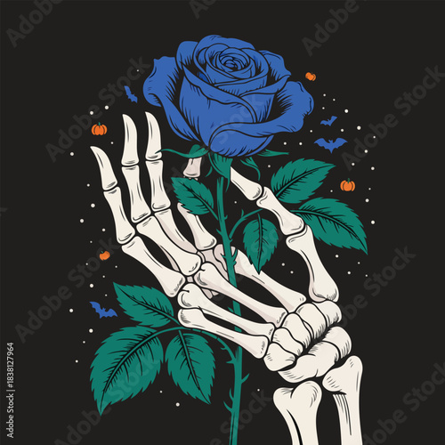 Skeleton hand holding blue rose on dark background illustration, mysterious gothic love art for tattoo, streetwear t-shirt, poster, Valentine’s Day alternative romance design