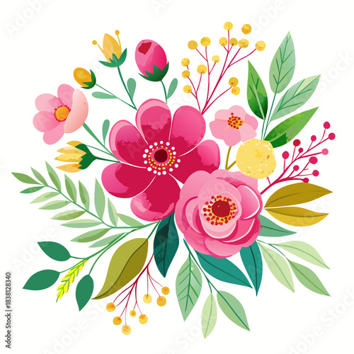 Vibrant spring floral bouquet illustration, various pink flowers isolated on white background, Vector, illustration