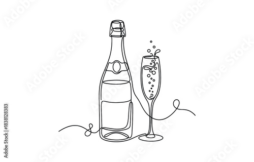Wine glass and wine bottle continuous one line drawing. One line Icon drawing with transparent background