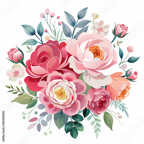 Watercolor floral bouquet with pink roses, delicate leaves, buds isolated on white background, Vector, illustration