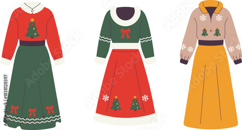 Christmas dresses, festive fashion, holiday outfit design, seasonal clothing, winter wear, ornament detail, cad drawing, flat vector illustration