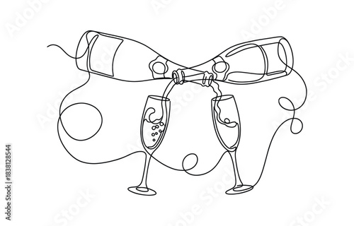 Wine glass and wine bottle continuous one line drawing. One line Icon drawing with transparent background