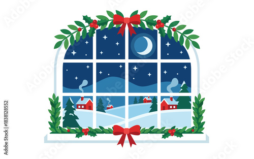 Peaceful Snowy Christmas Village Window