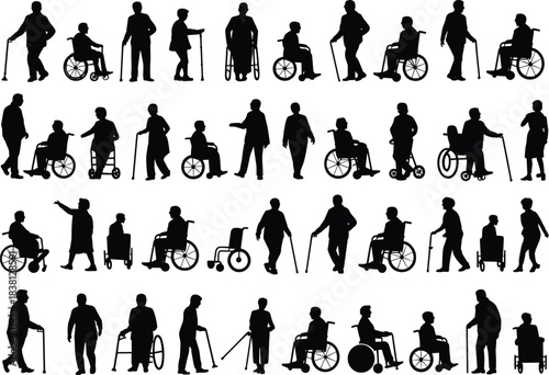 Elderly and disabled silhouettes, mobility aids, wheelchair, walker, cane, support interaction, accessibility concept, black vector design, inclusive illustration, healthcare theme