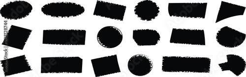 Black brushstroke shapes, textured paint elements, abstract vector design, ink blot silhouettes, artistic graphic set, flat illustration, creative layout, grunge accents