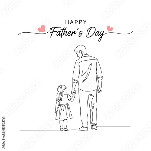 Father and daughter holding hands continuous line art. happy father's day card with hearts and family bond illustration.