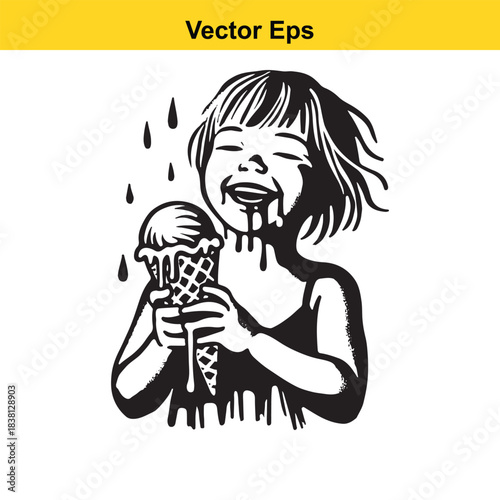 Happy child enjoying melting ice cream cone, a sweet summer treat