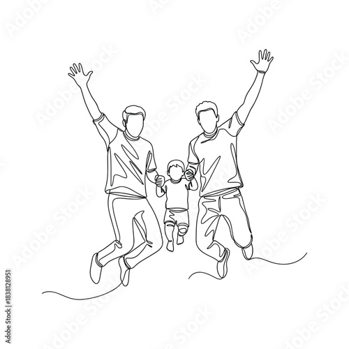 Joyful continuous line art depicting two parents and child jumping together, celebrating family happiness and togetherness.