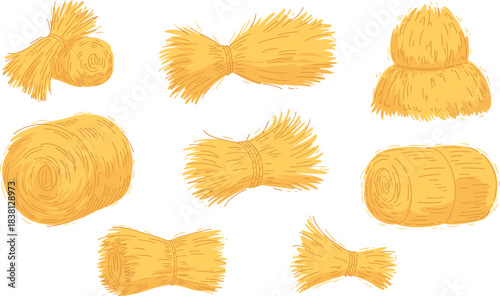 Hay bale illustrations, farming bundle icons, straw texture design, rural agriculture concept, vector layout, harvest element, countryside theme, black silhouette