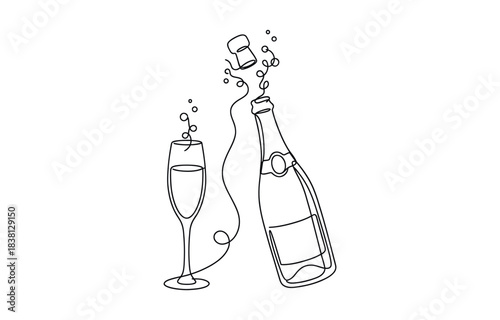 Wine glass and wine bottle continuous one line drawing. One line Icon drawing with transparent background