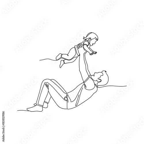 One line drawing of a joyful father lifting his child in the air, expressing happiness, love, and family bond